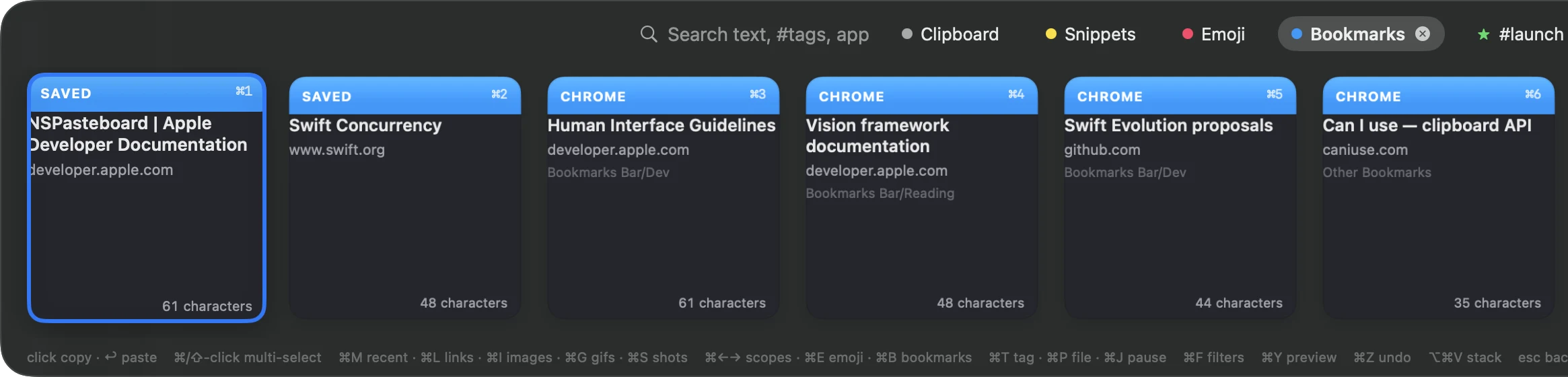 The SnipVault palette in its Bookmarks scope, showing pages saved in SnipVault alongside bookmarks read from Chrome, each with its site and folder