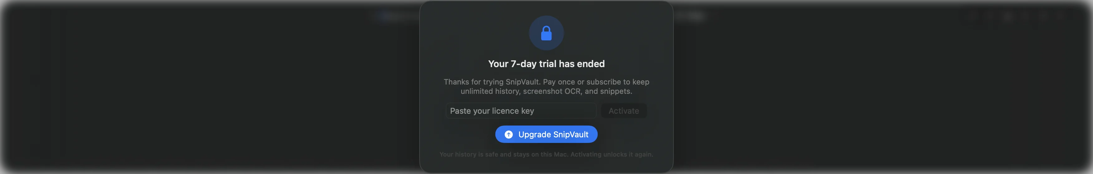 The SnipVault palette locked behind the upgrade card after the trial, showing that history stays on the Mac