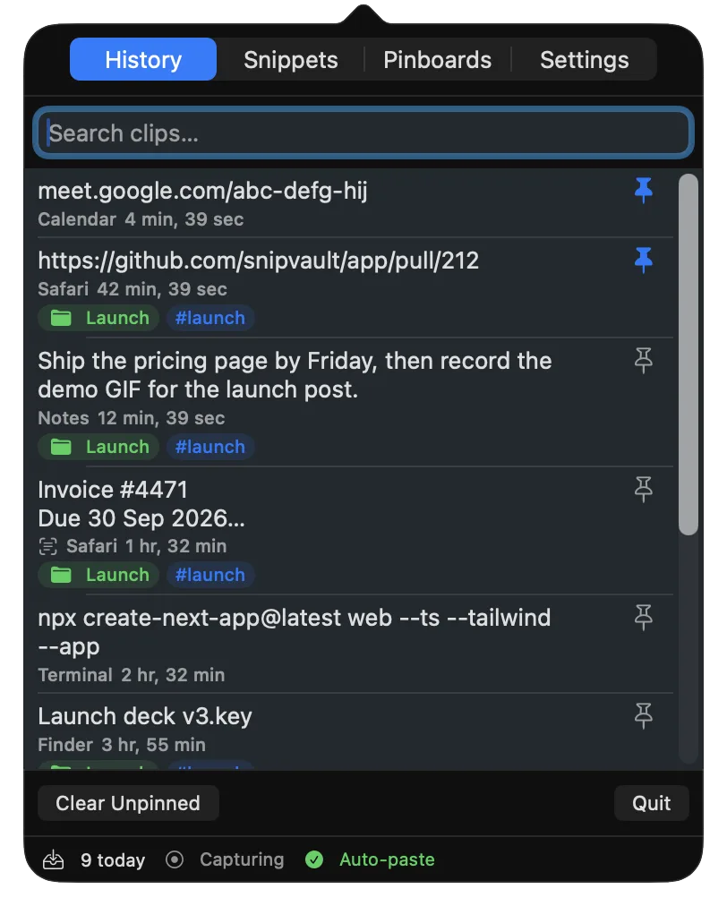 SnipVault menu bar window listing recent clips with their source app, pinboard, and tags