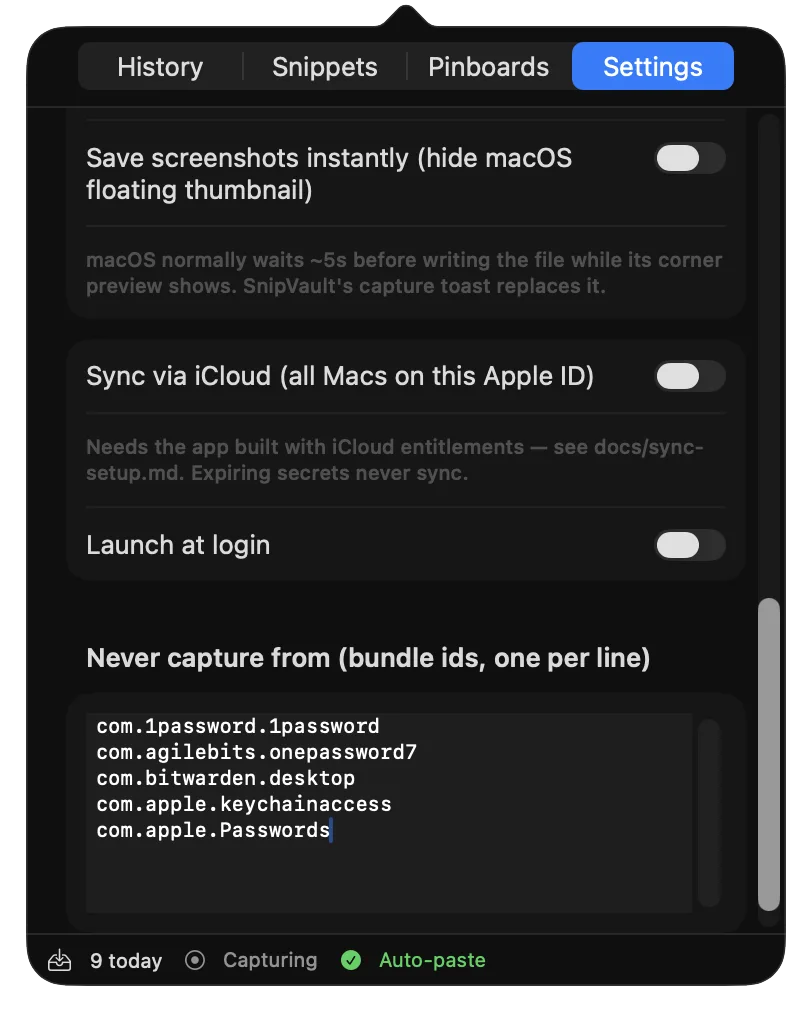 SnipVault Settings showing the never-capture list of password managers and secret auto-expiry