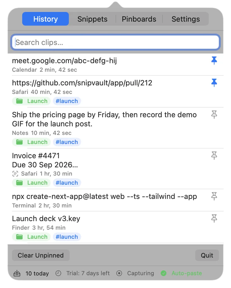 SnipVault menu-bar window listing recent clips with source app, pinboard, and tags