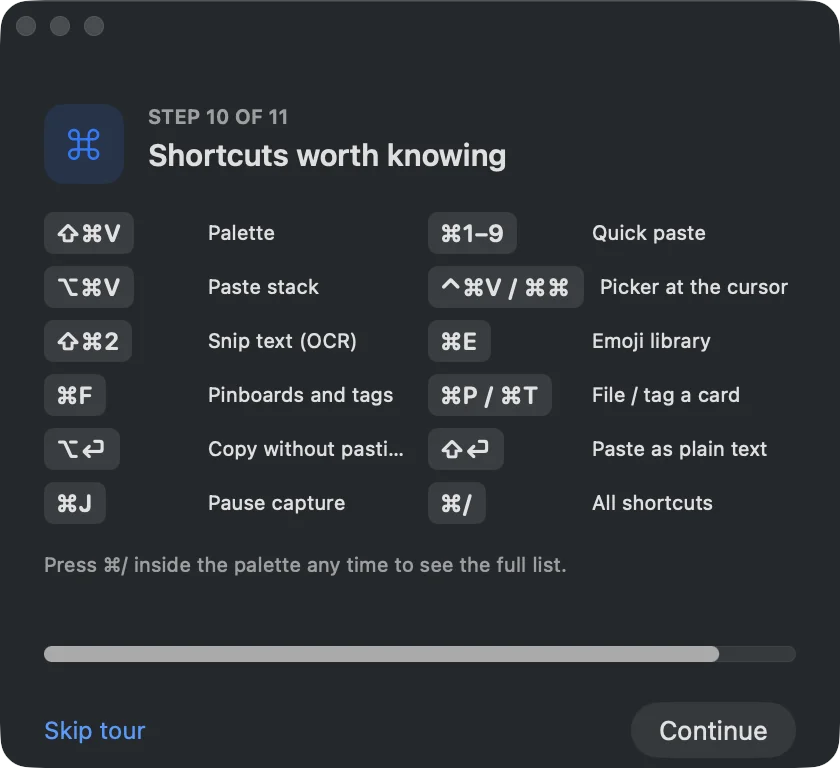 SnipVault's shortcut cheat sheet, including :keyword snippet expansion
