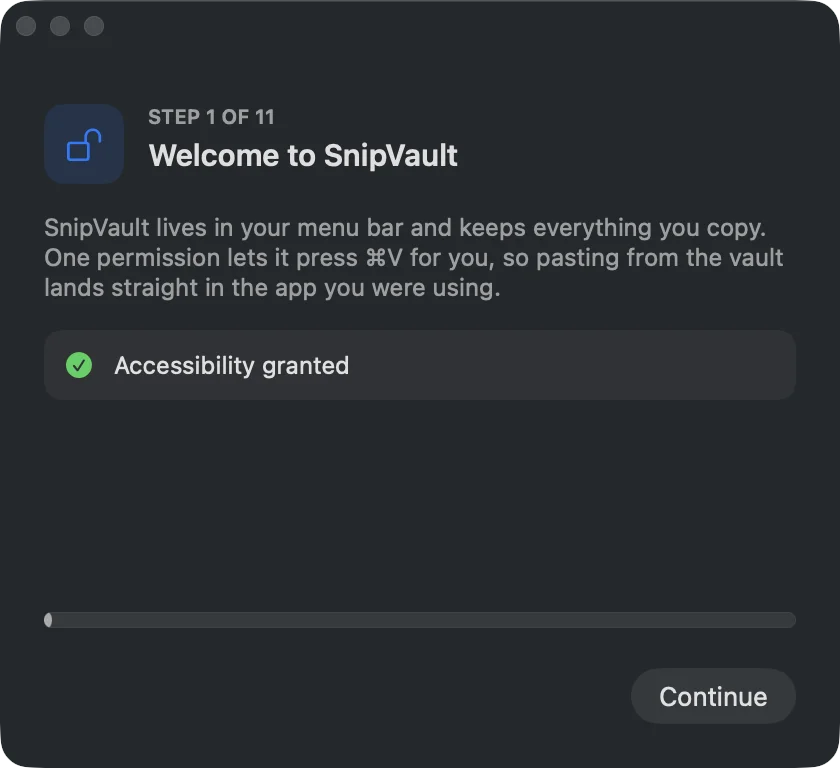 The SnipVault welcome tour panel, which walks a new user through copying, the palette, and pasting